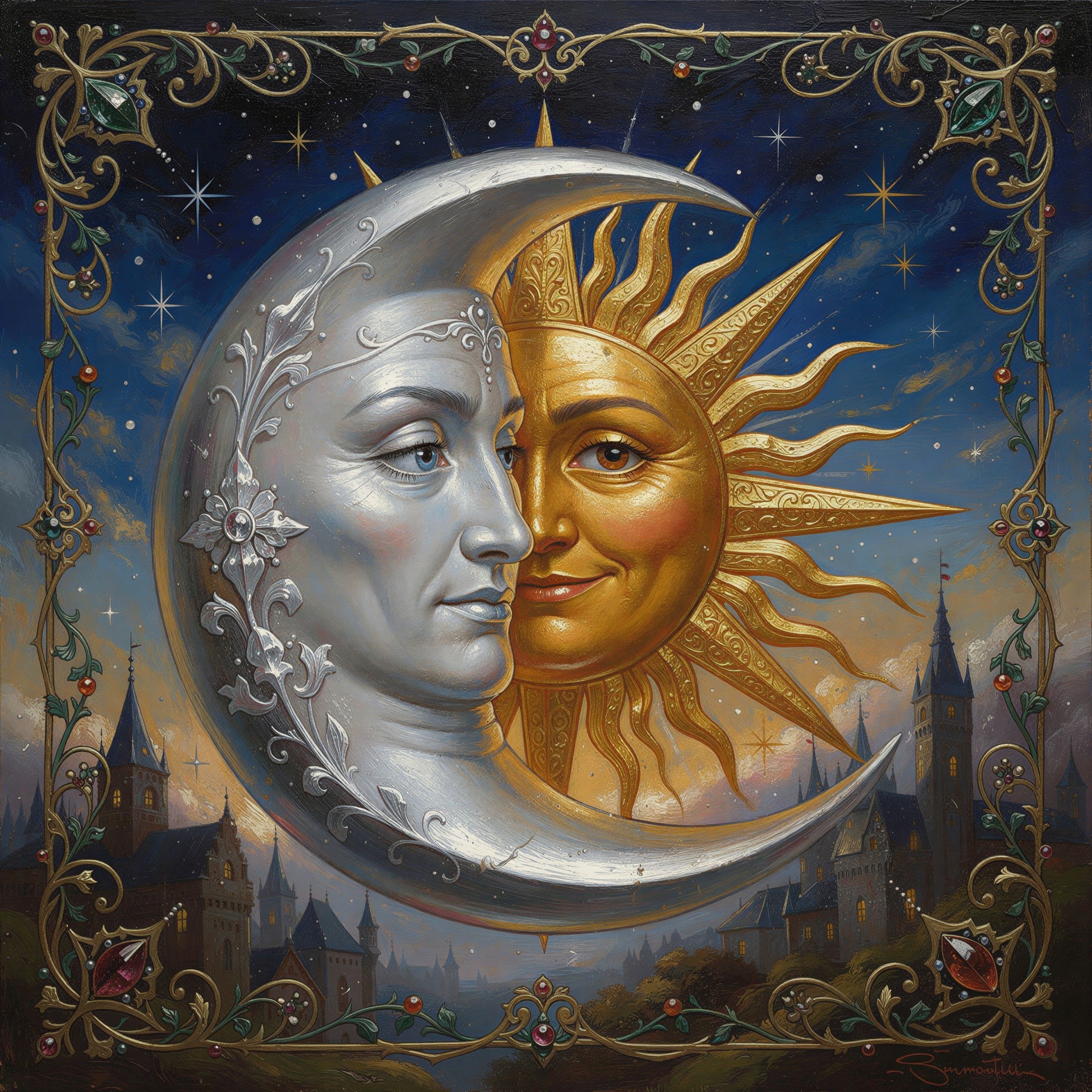 Ornate Fantasy Art with Celestial Sun and Moon Design