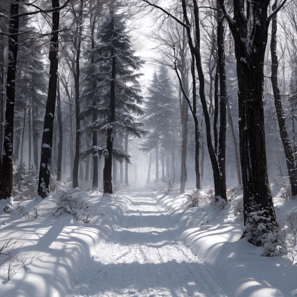 Snow-Covered Pathway in a Tranquil Winter Forest