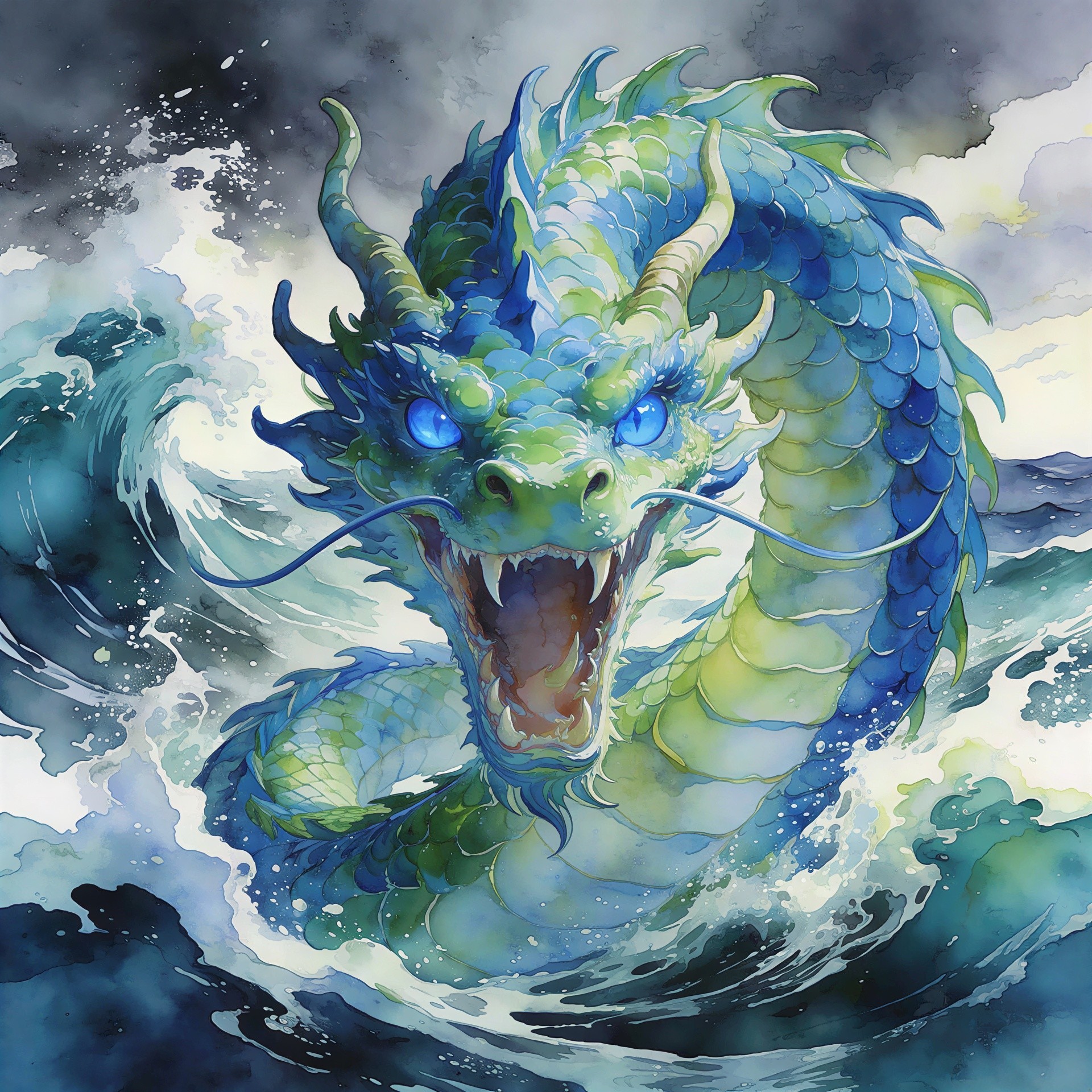 Vibrant Watercolor of a Chinese Dragon in Stormy Sea