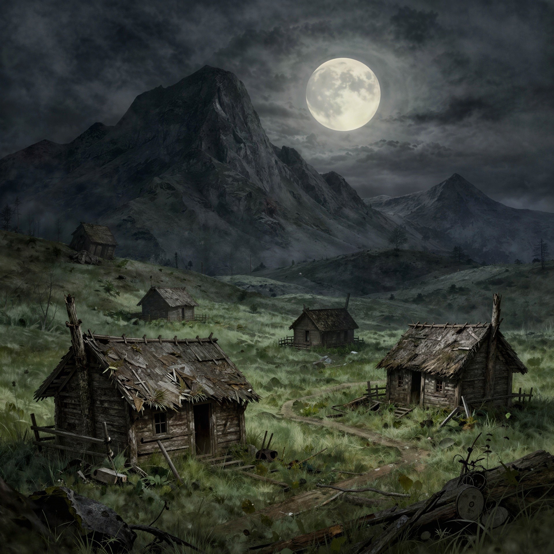 Dark Misty Mountain Landscape with Rustic Cabins