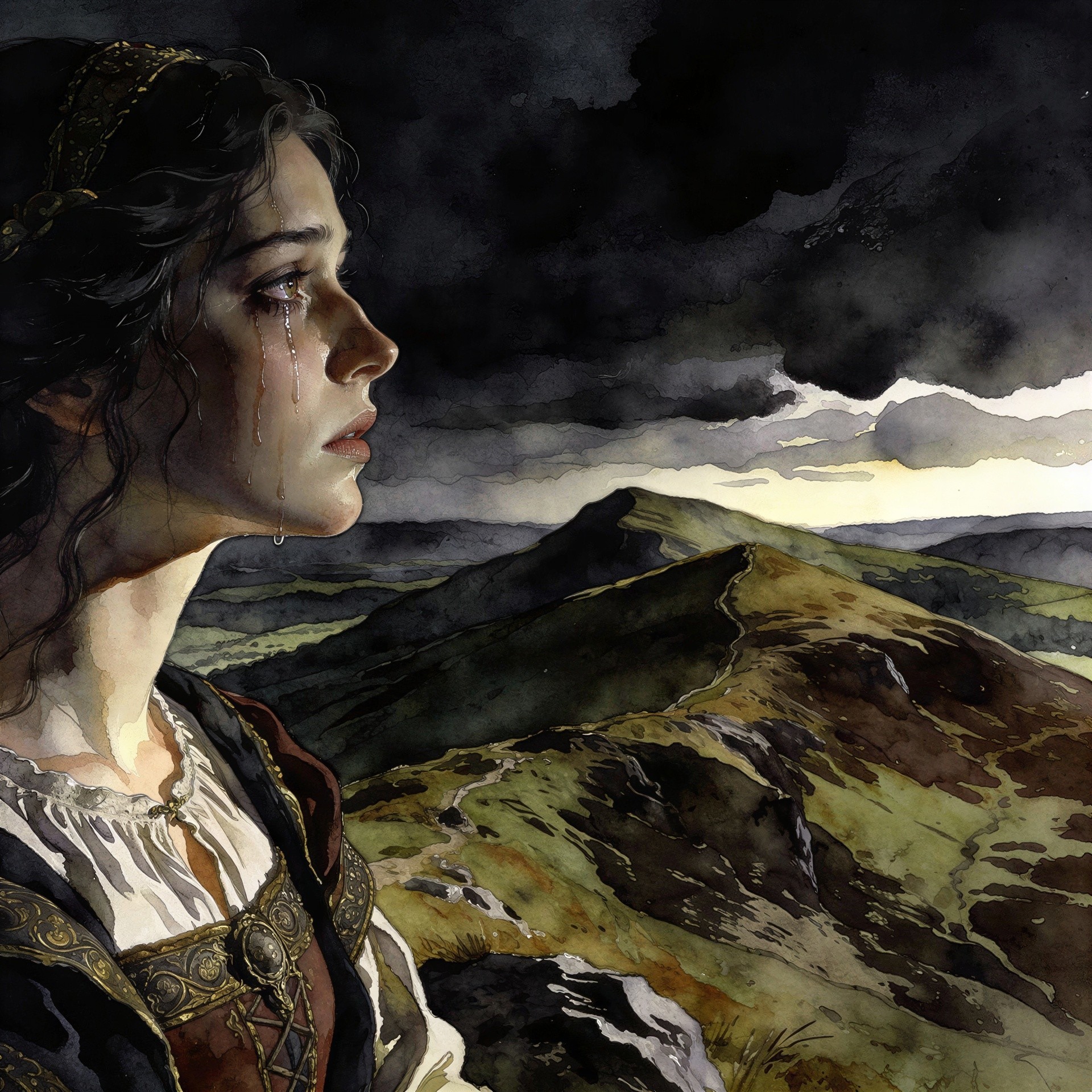 Watercolor Painting of a Sad Woman in a Landscape