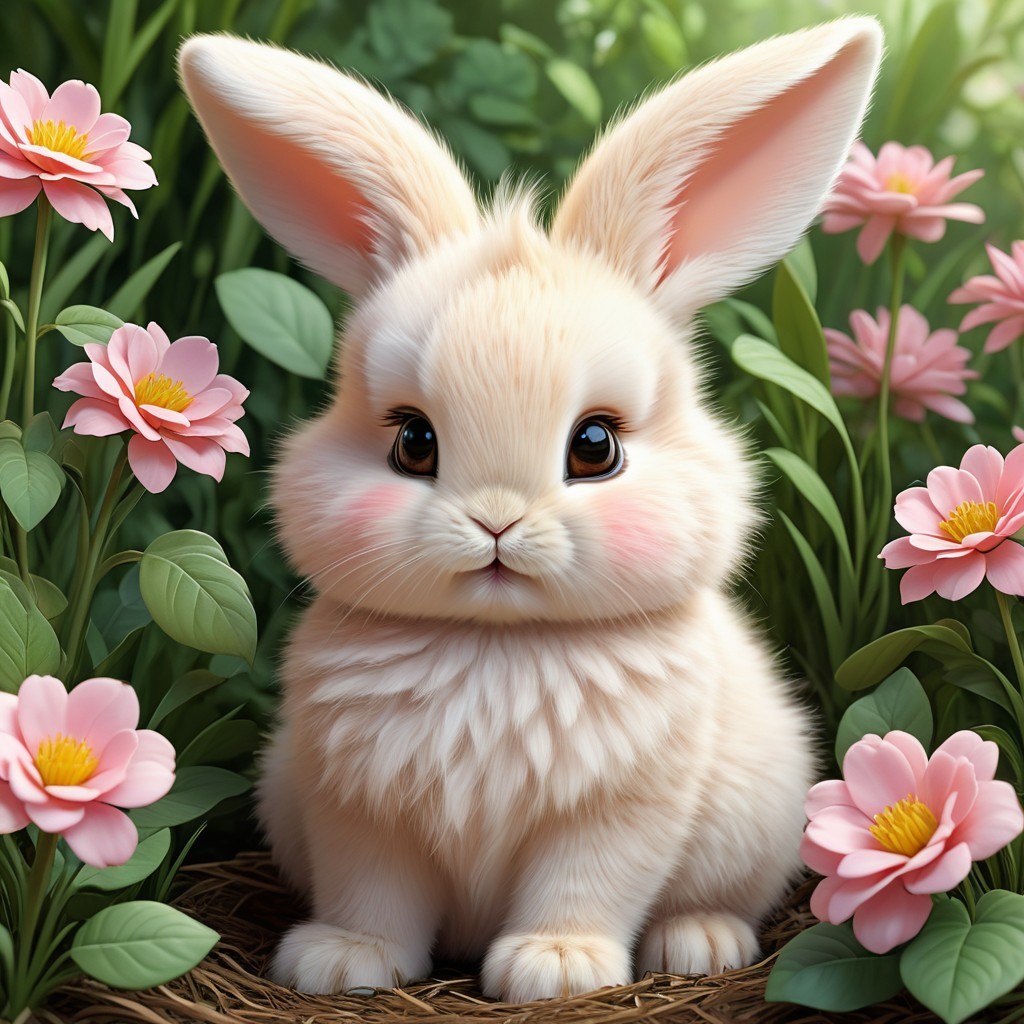 Cream-colored bunny among vibrant pink flowers