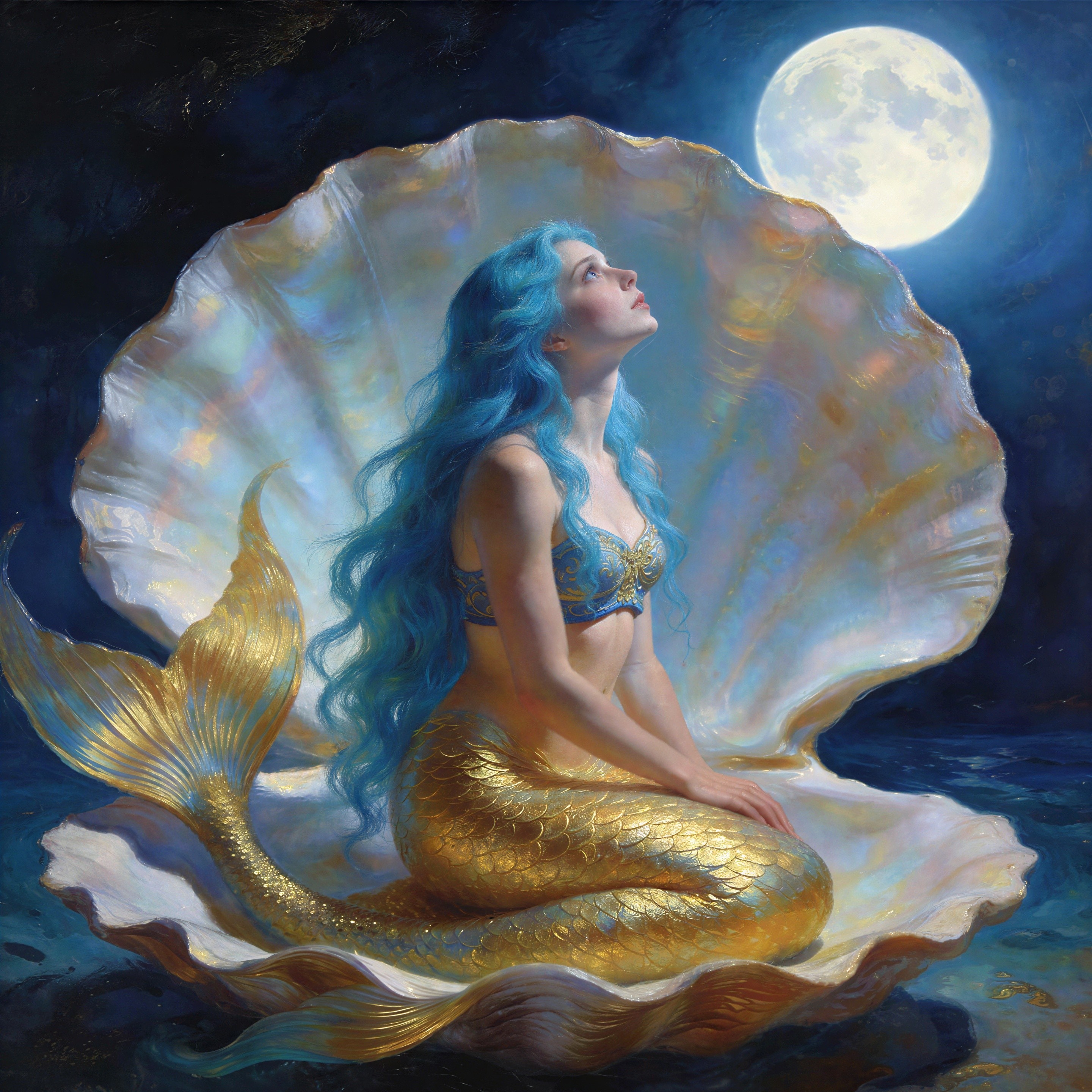 Mermaid in Seashell Under Moonlit Night Sky