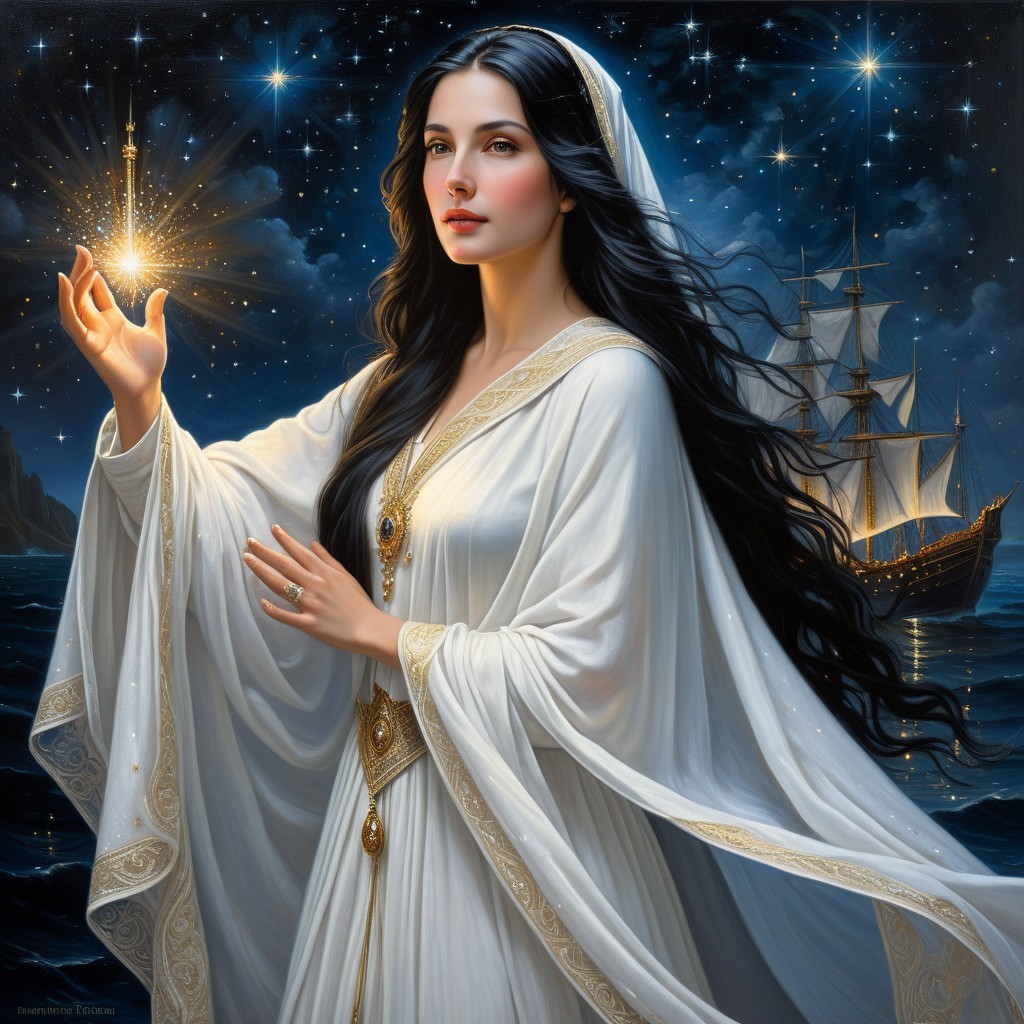 Mystical Woman with Orb Against Starry Night Sky