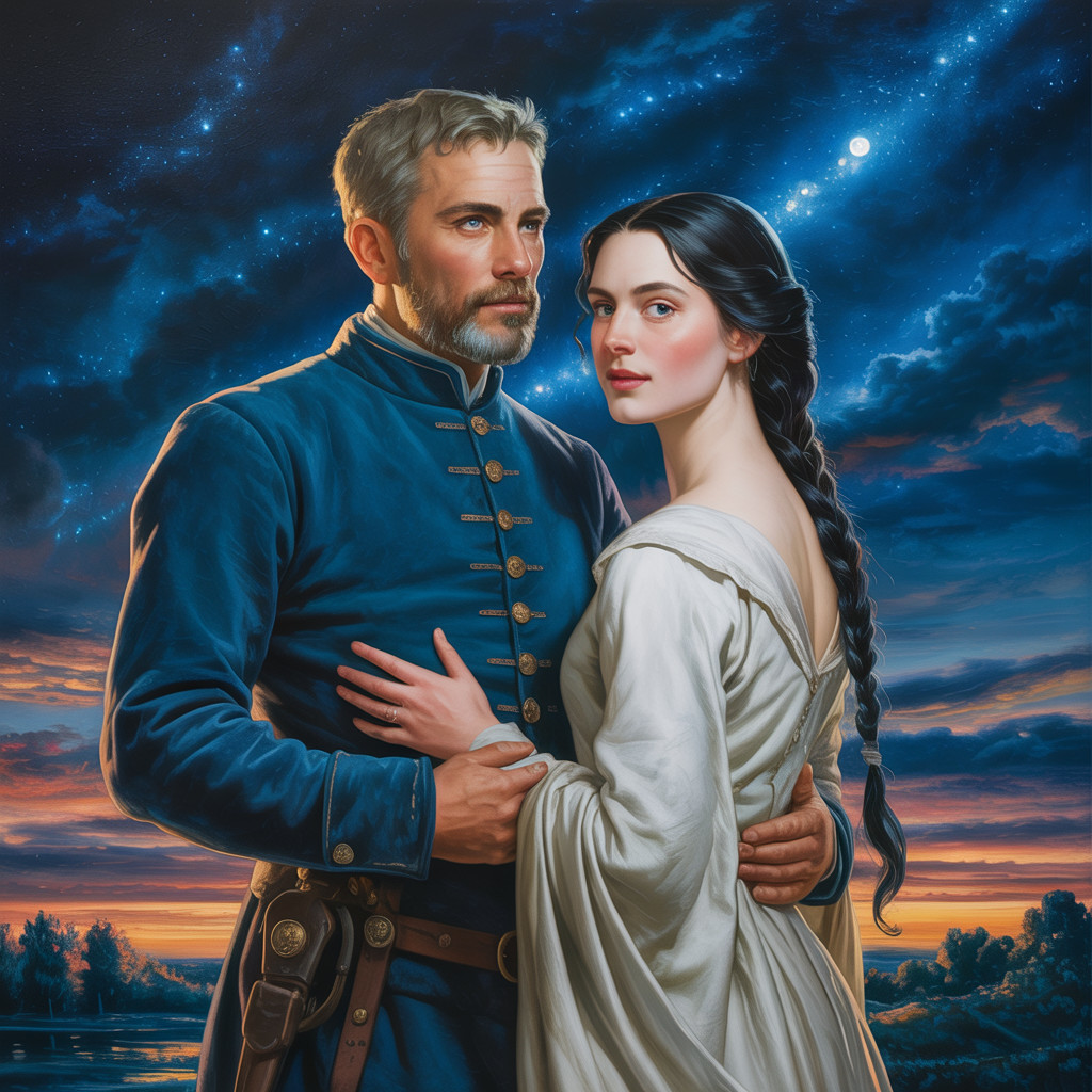 Rugged Man and Woman in Ethereal Dusk Landscape