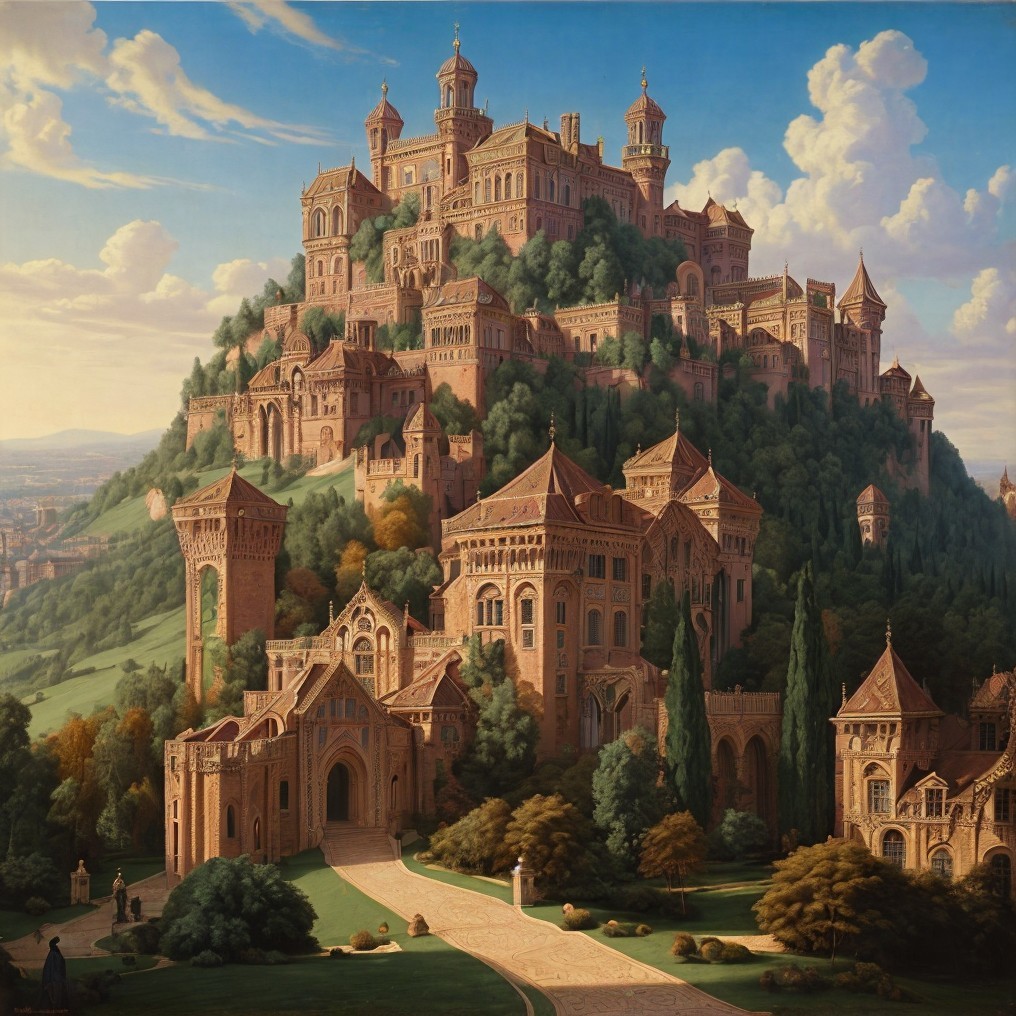 Grand castle on a hill with lush green landscapes