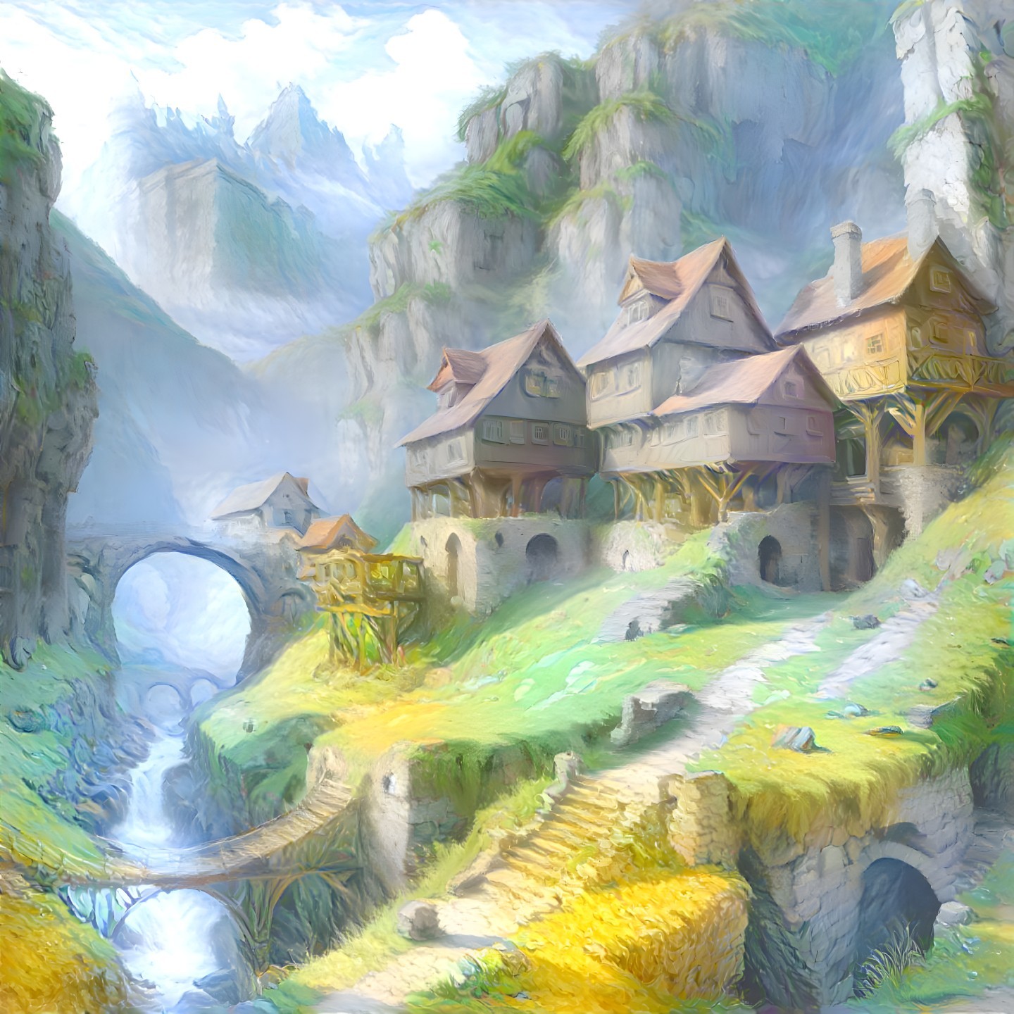 Serene Fantastical Landscape with Quaint Houses and River