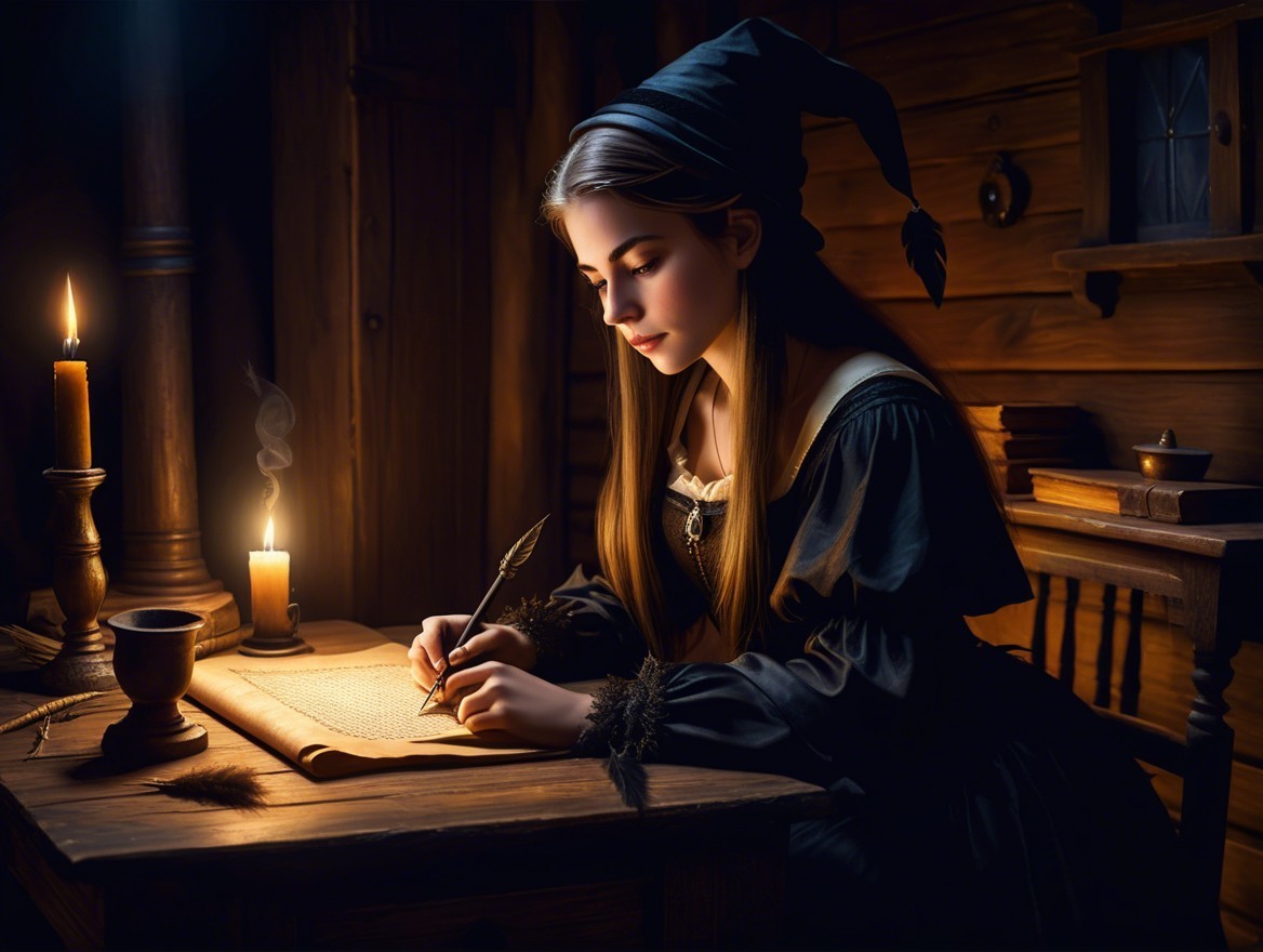 Young Woman Writing at Wooden Desk in Dim Room