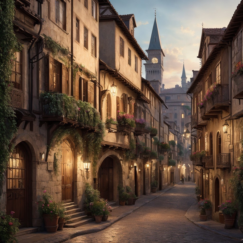 Medieval Street at Dusk with Warm Lanterns and Vines