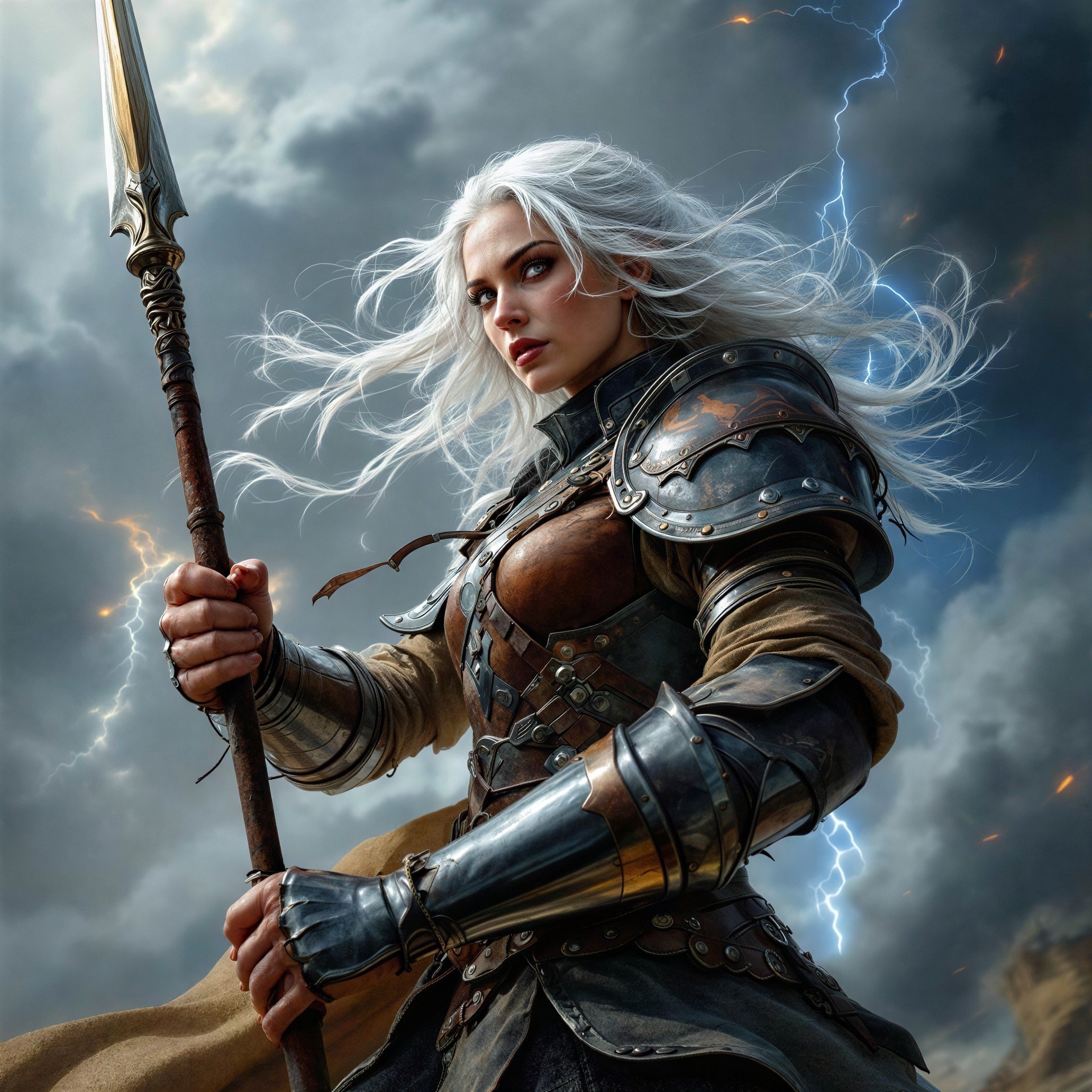 Female Warrior in Dark Armor with Spear and Stormy Sky
