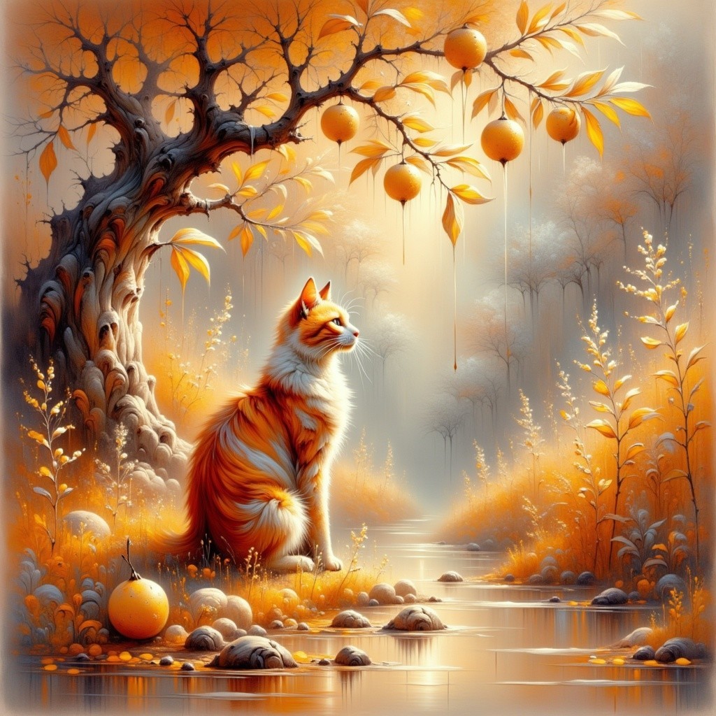 Digital Painting of Cat by Reflective Stream and Trees