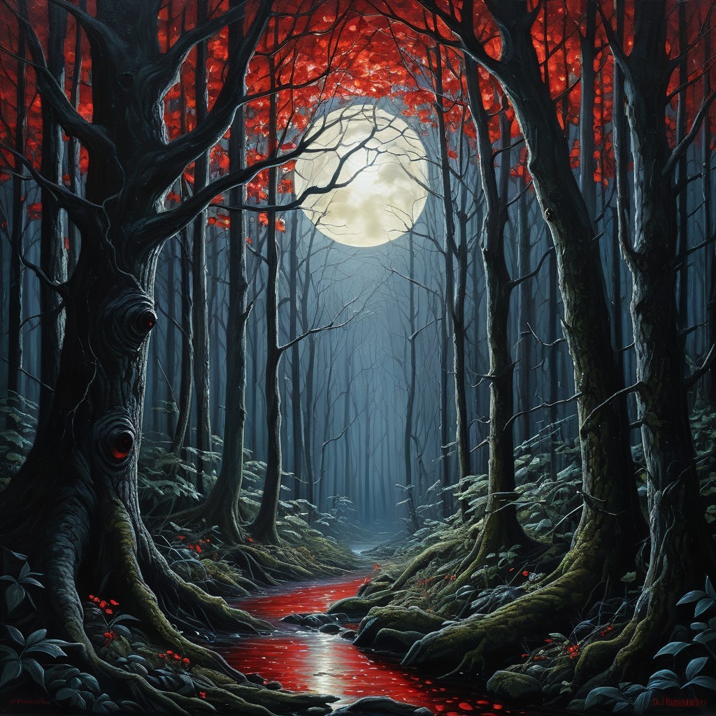 Moonlit Forest with Dark Trees and Reflective Stream