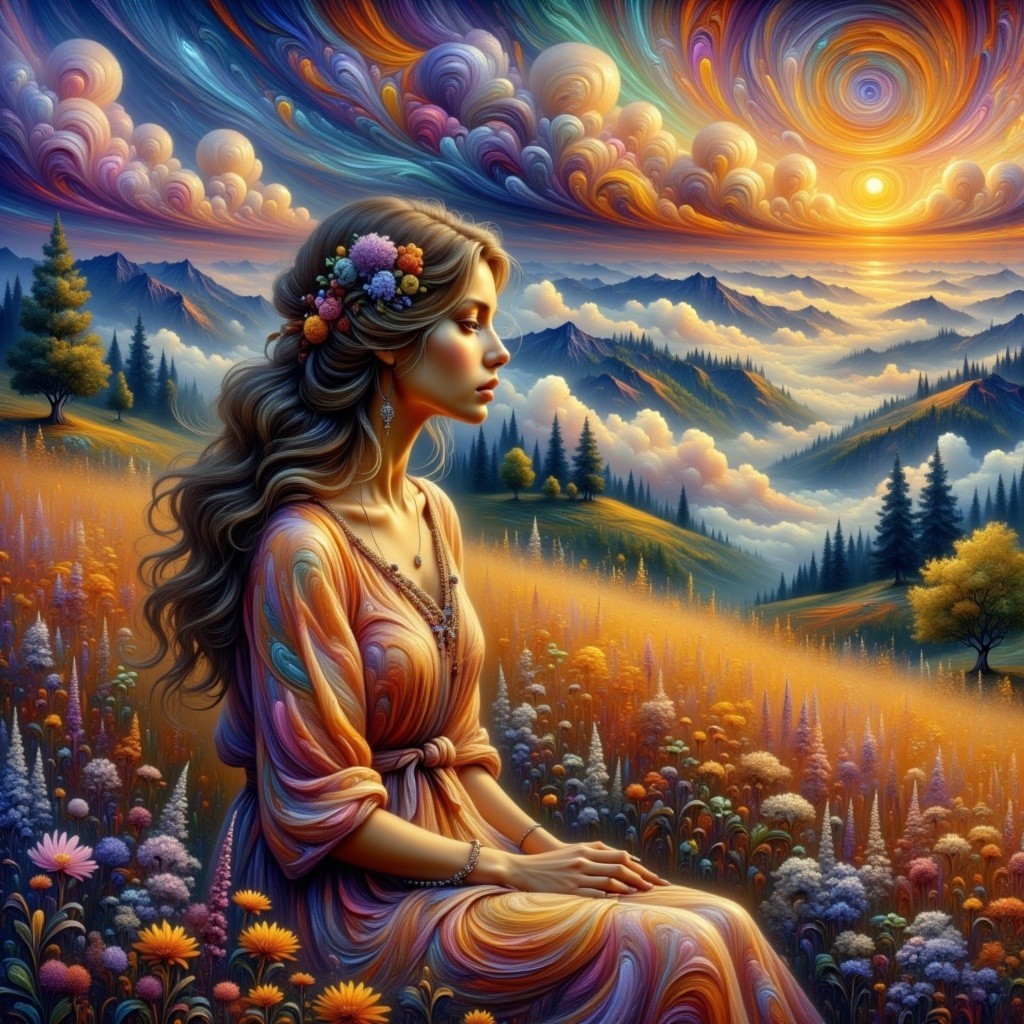 Serene landscape with woman in colorful dress at sunset