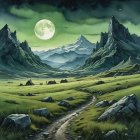 Serene landscape with winding path and towering mountains