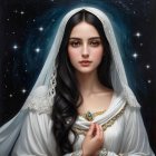 Serene Woman in Elegant Gown Against Starry Night