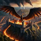 Phoenix Above Castle Surrounded by Lava and Smoke