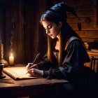 Young Woman Writing at Wooden Desk in Dim Room