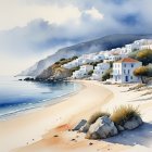 Coastal Scene with Beach, Greenery, and Houses