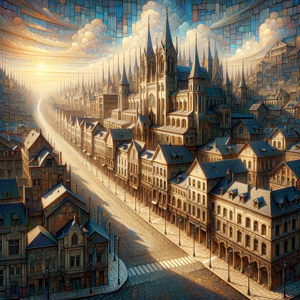 Digital Painting of an Old European Cityscape with Cathedral