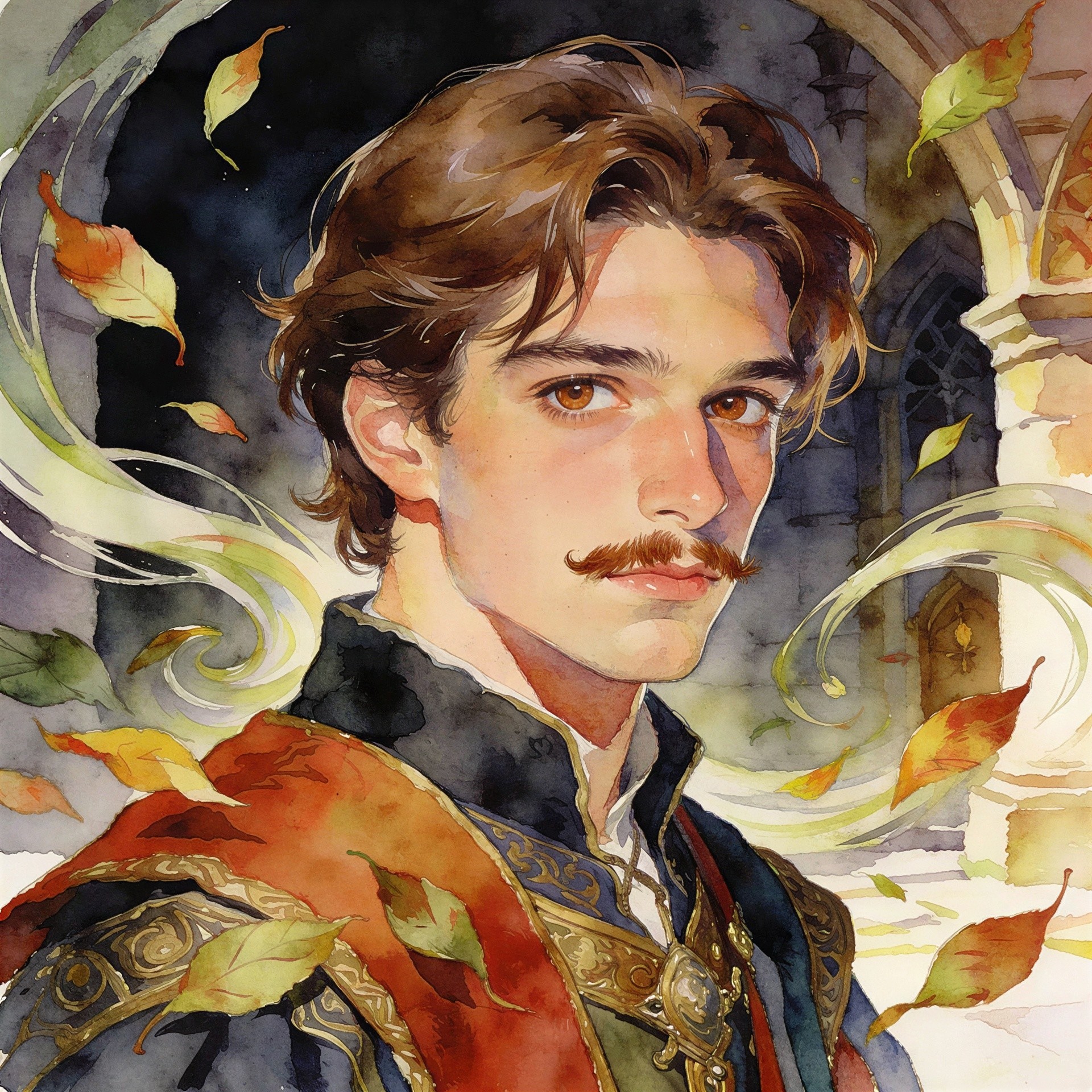 Anime Watercolor Painting of a Man with Amber Eyes