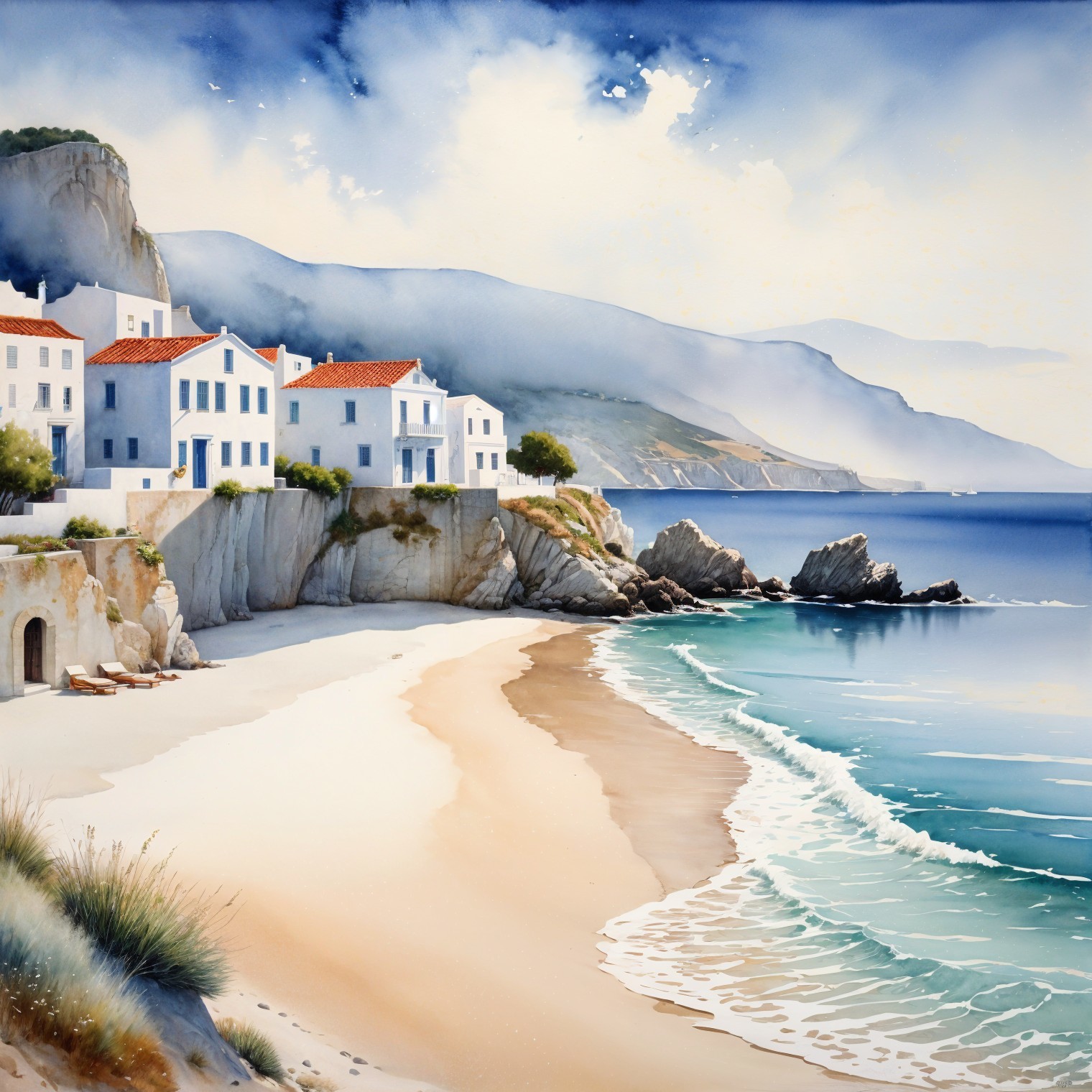 Coastal Scene with Whitewashed Houses and Azure Sea