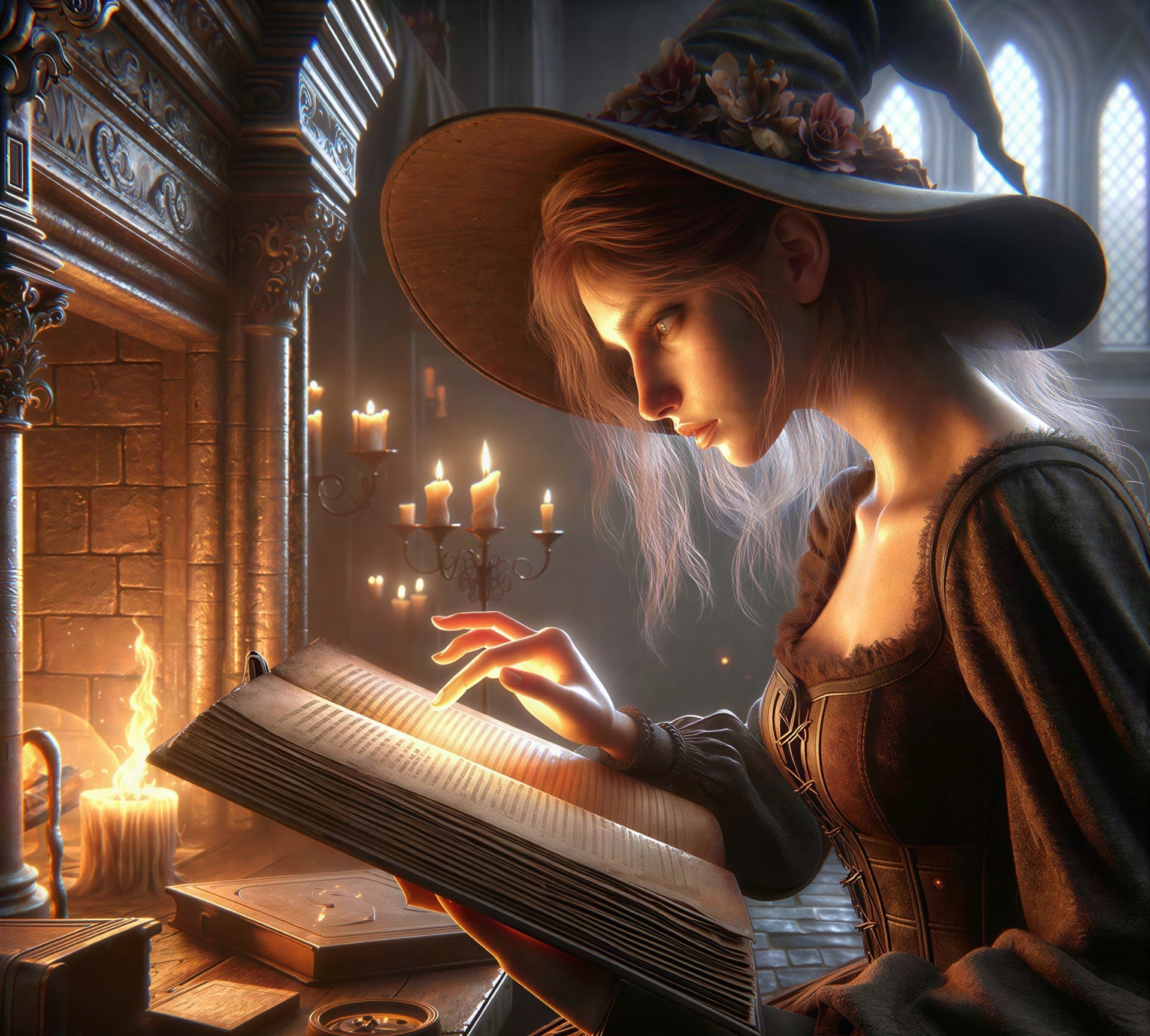 Young witch reading spellbook in medieval hall