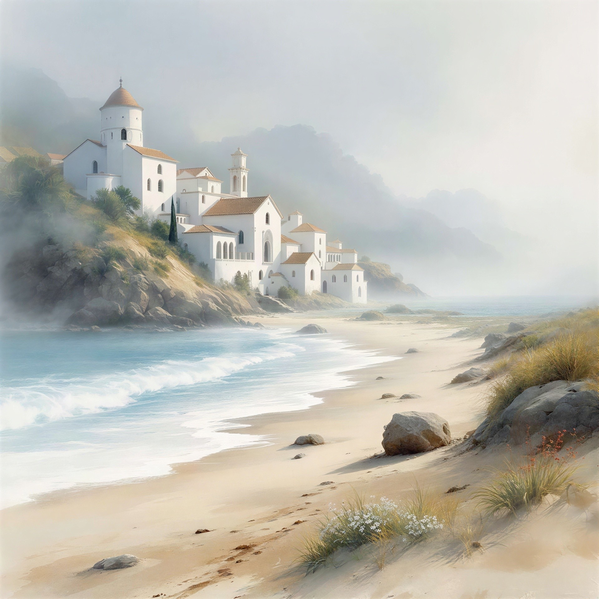 Coastal Village Illustration with Mediterranean Architecture