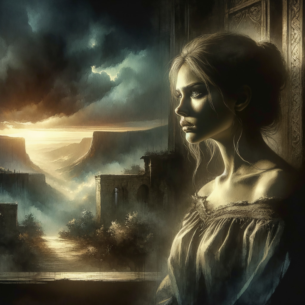 Contemplative Woman in Ethereal Landscape with Ruins