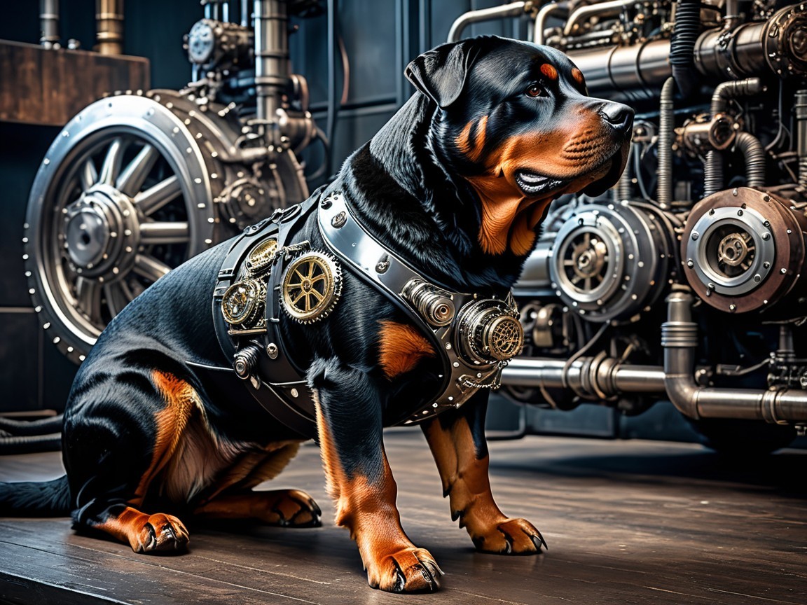 Rottweiler in Steampunk Harness with Industrial Background