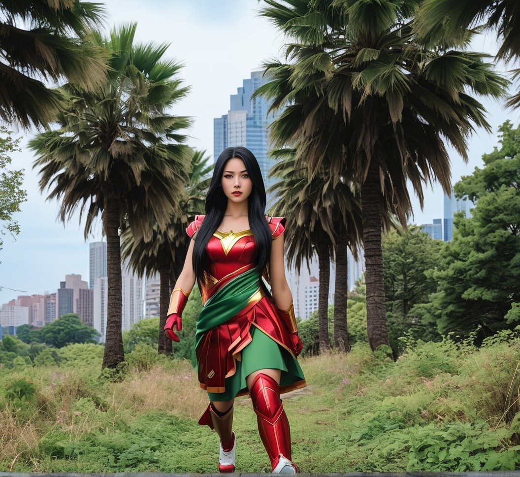 Female superhero in vibrant costume in lush landscape