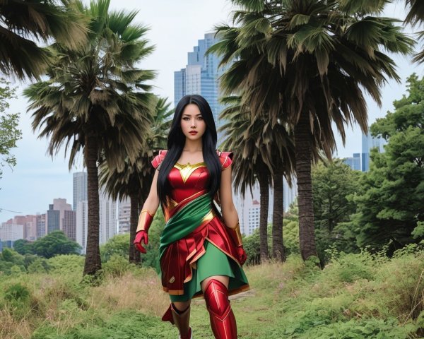 Female superhero in vibrant costume in lush landscape