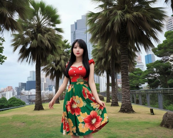Woman in Floral Dress with City Skyline and Palm Trees