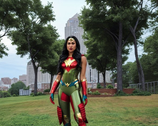 Superheroine in Vibrant Costume with City Skyline Background