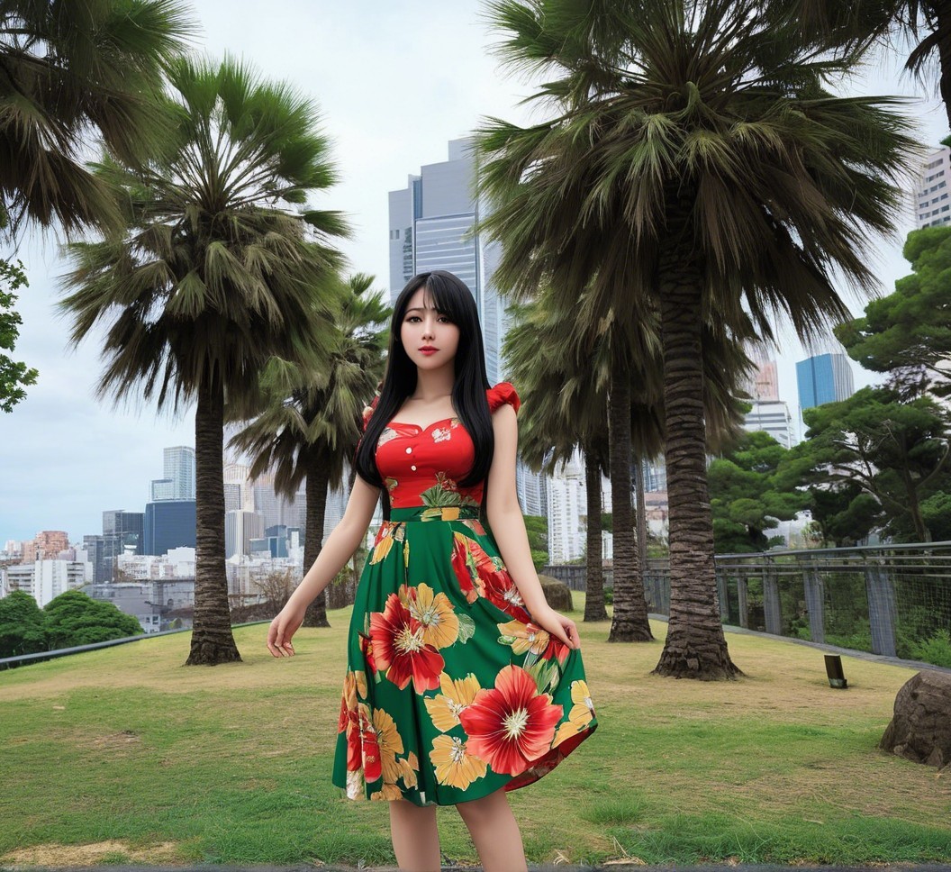 Woman in Floral Dress with City Skyline and Palm Trees