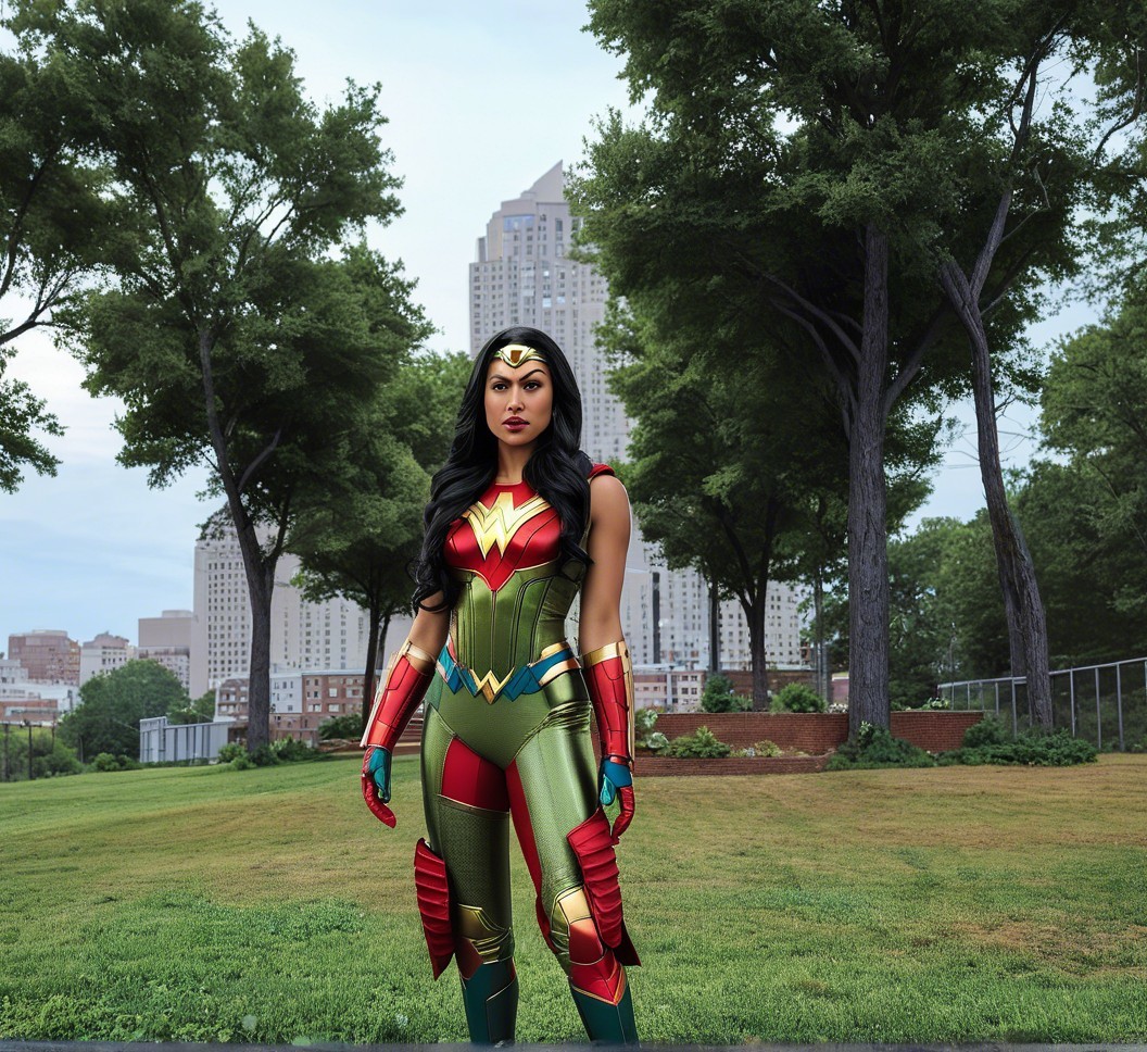 Superheroine in Vibrant Costume with City Skyline Background