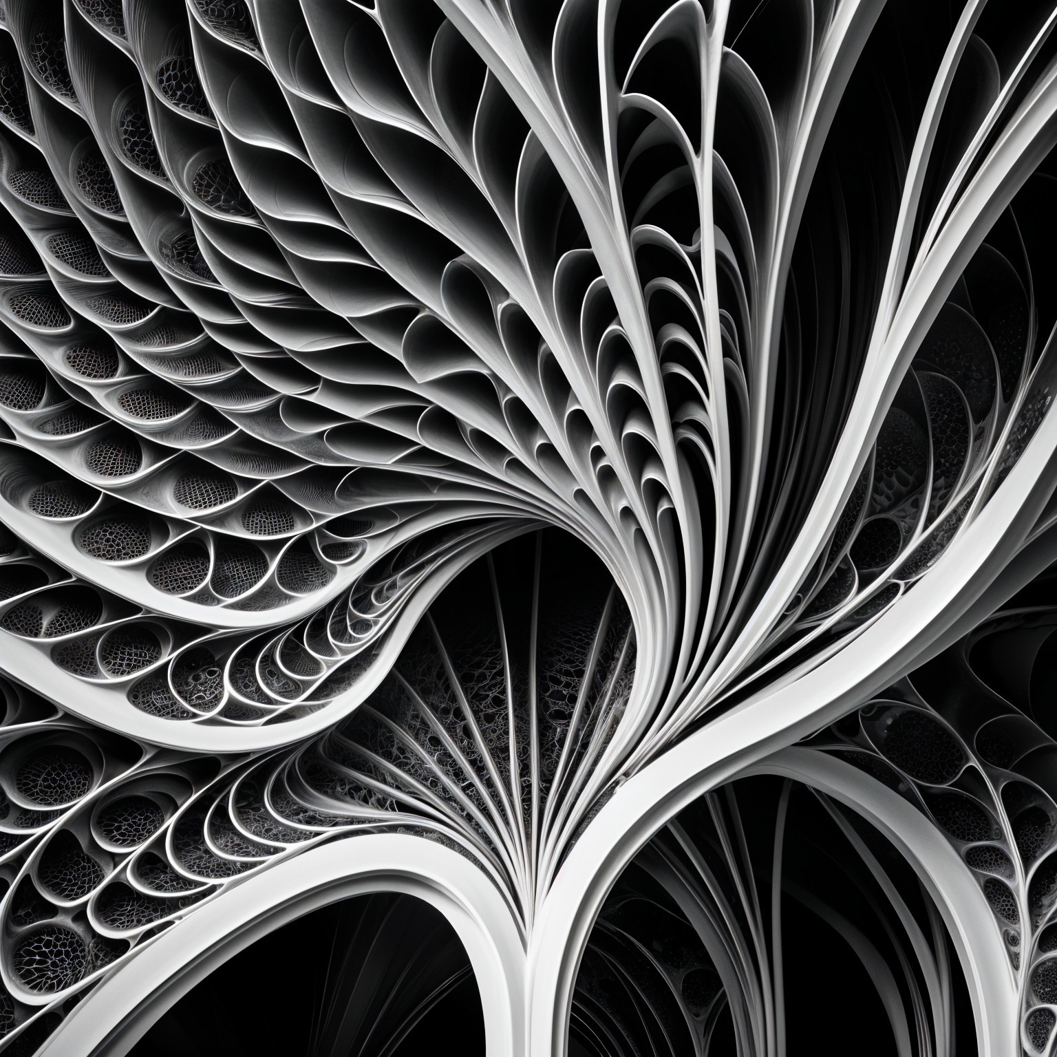 Abstract Design with Spiraling Forms and Monochrome Palette