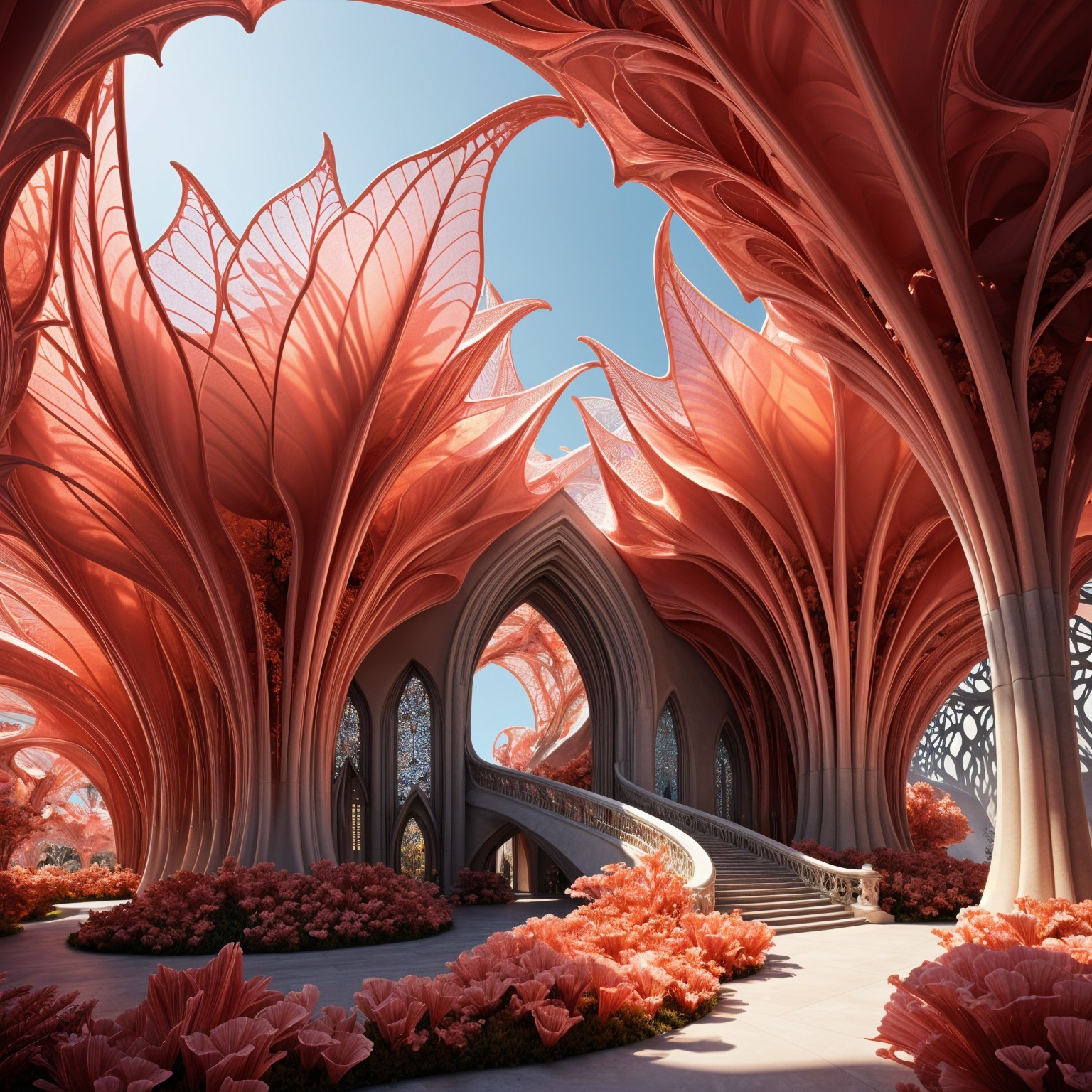 Ethereal Architectural Landscape with Floral Structures