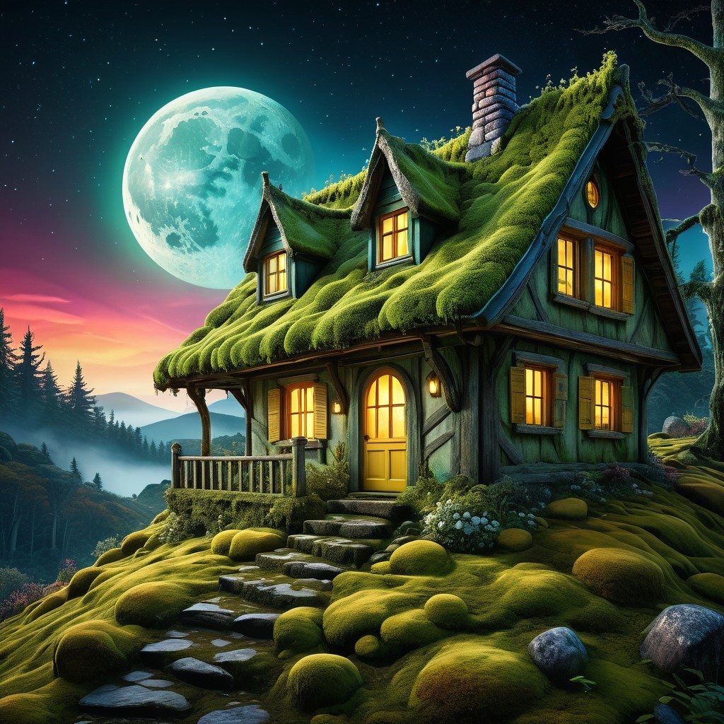 Whimsical Cottage on a Grassy Hillside at Sunset