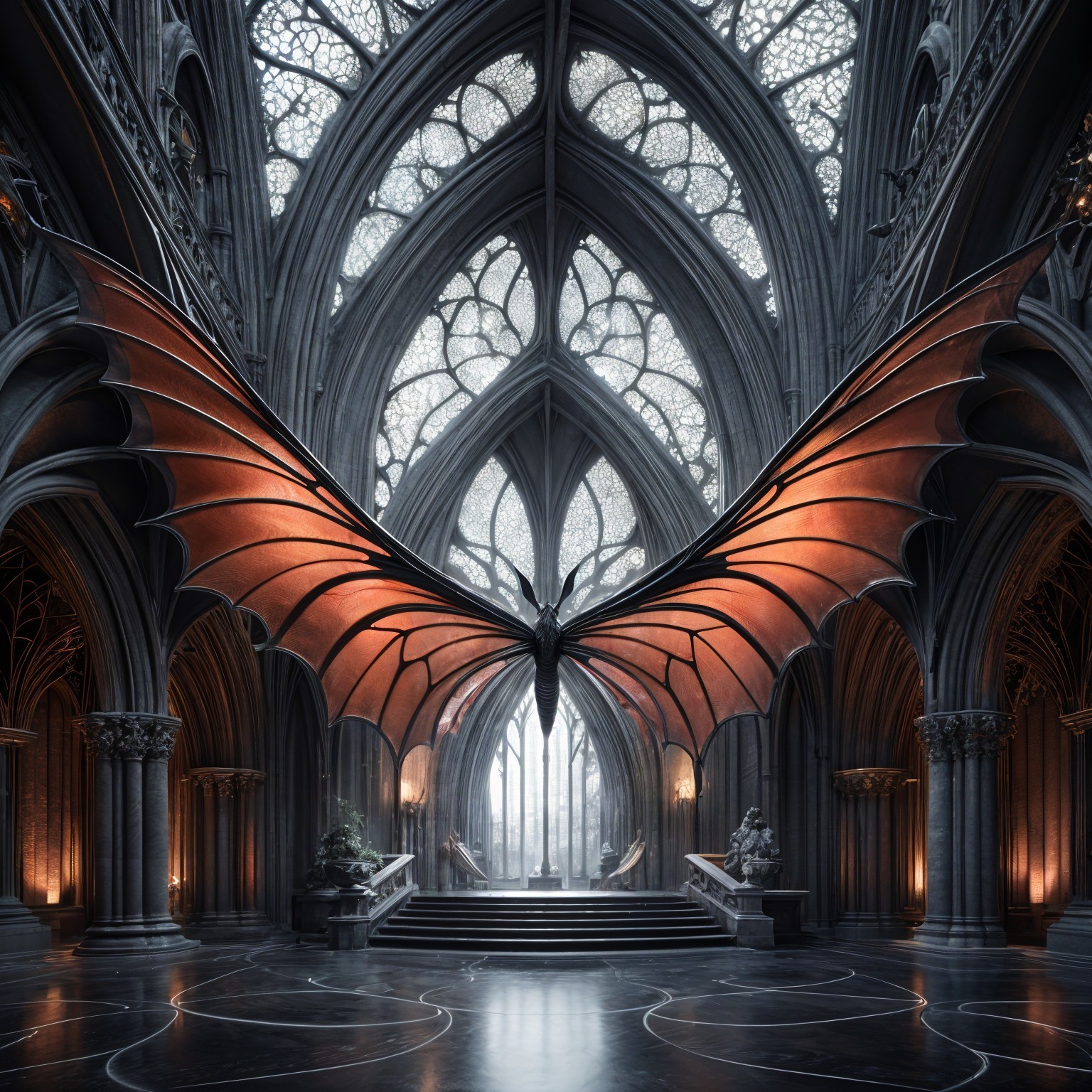 Gothic hall with a massive black dragon centerpiece