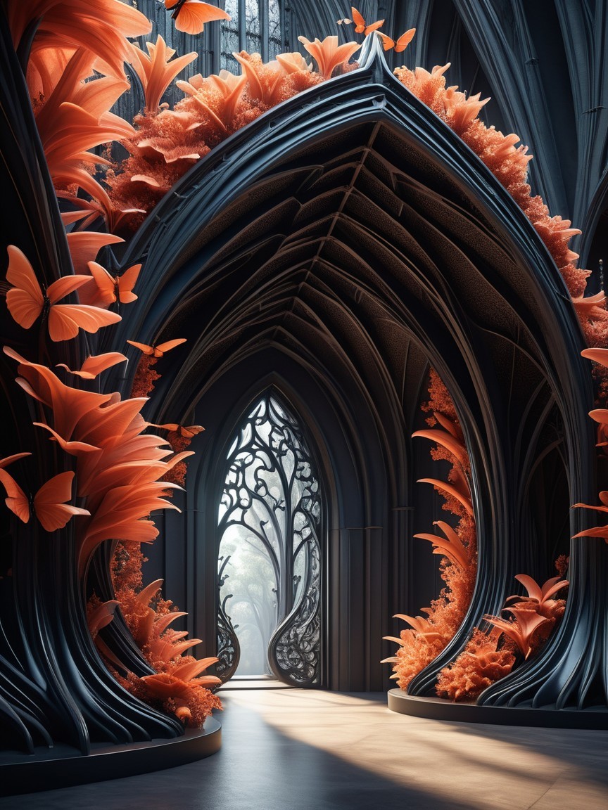 Surreal Gothic-Inspired Interior with Nature Elements