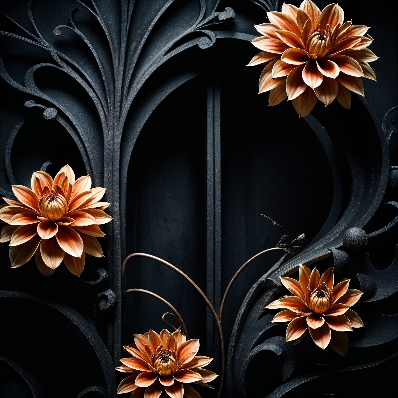 Large Orange and Gold Flowers on Dark Iron Backdrop