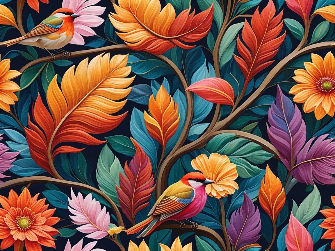 Vibrant Floral and Bird Pattern in Tropical Colors