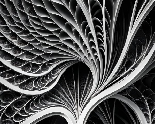 Abstract Design with Spiraling Forms and Monochrome Palette