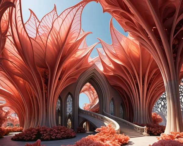 Ethereal Architectural Landscape with Floral Structures