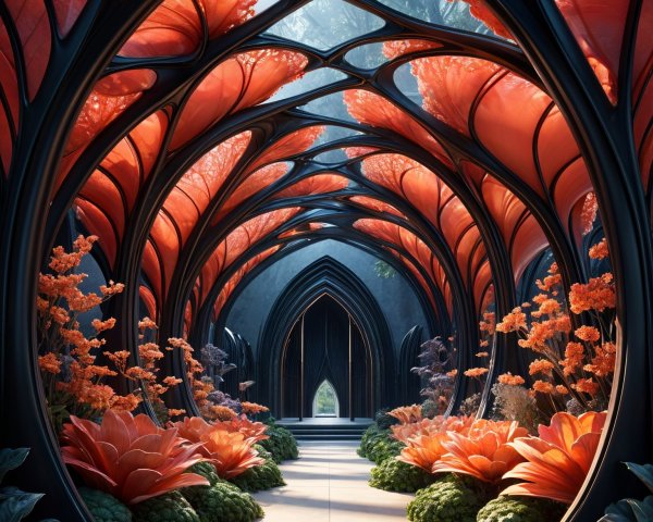 Botanical Corridor with Vibrant Orange Flowers and Arches