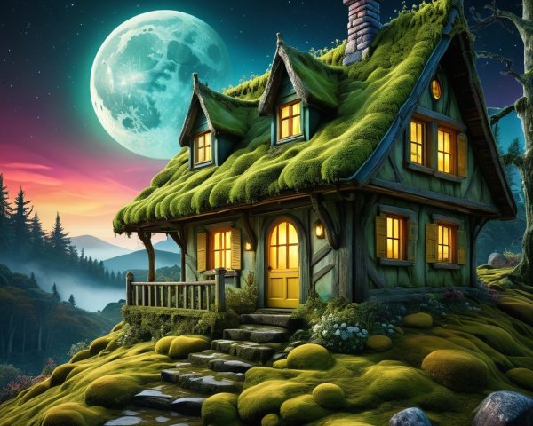 Whimsical Cottage on a Grassy Hillside at Sunset