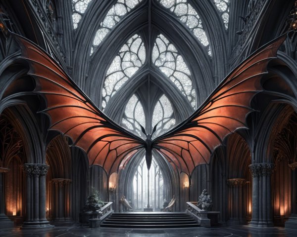 Gothic hall with a massive black dragon centerpiece