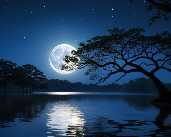 Luminous Full Moon Over a Tranquil Lake Scene