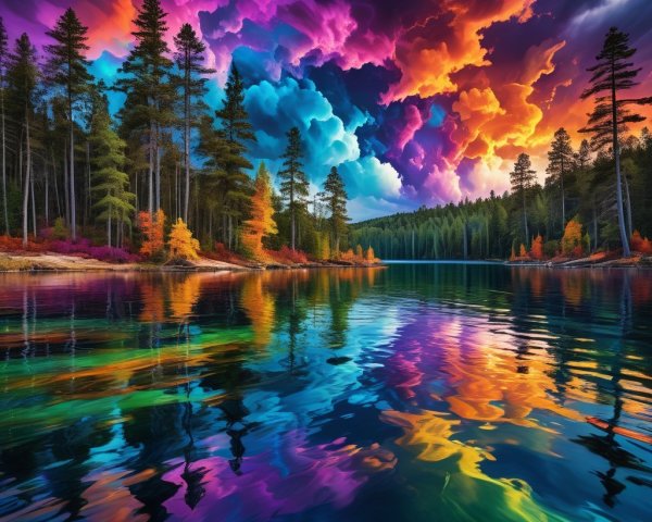 Vibrant Landscape of a Serene Lake at Dusk