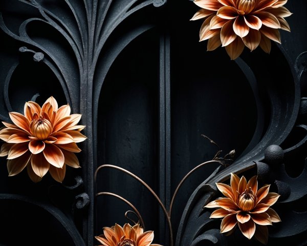 Large Orange and Gold Flowers on Dark Iron Backdrop